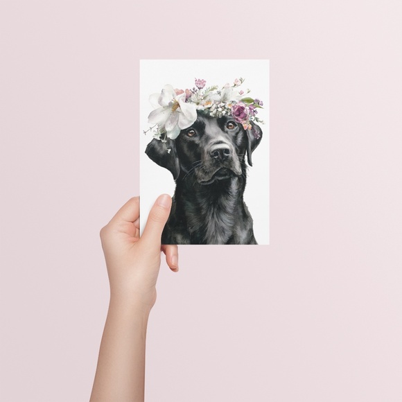 Watercolor Labrador Retriever with Flower Crown Portrait Wall Art Print Unframed - Picture 5 of 7
